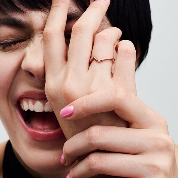 Women's Polished Wave Ring 14k Rose Gold Plating Pavé Version Metal Tones - Picture 3 of 5